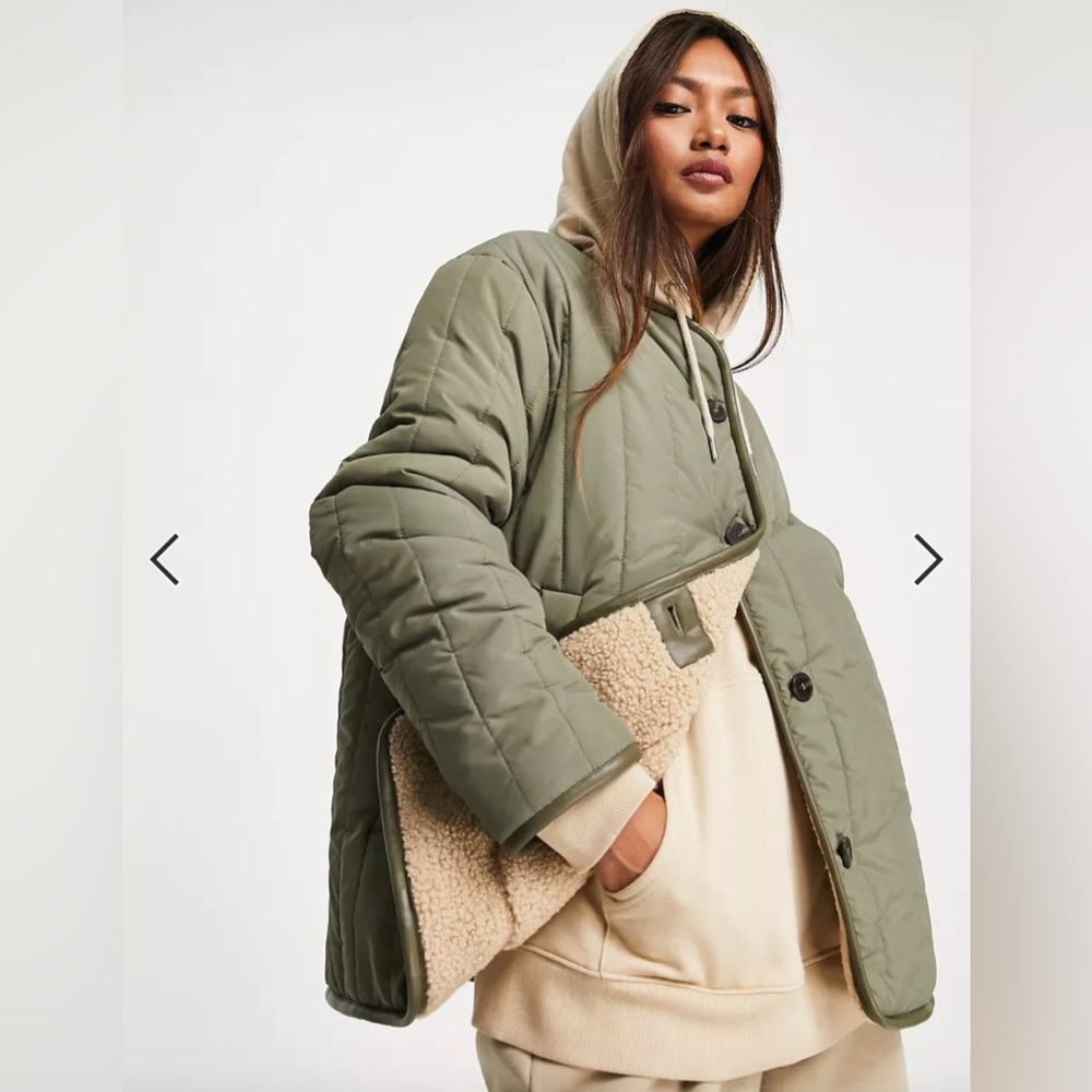 ASOS Topshop lightweight reversible sherpa liner jacket in khaki size S